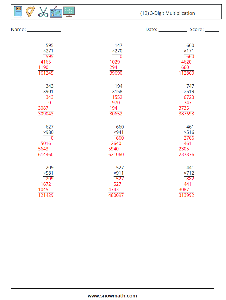 (12) 3-Digit Multiplication Maths Worksheets 13 Question, Answer