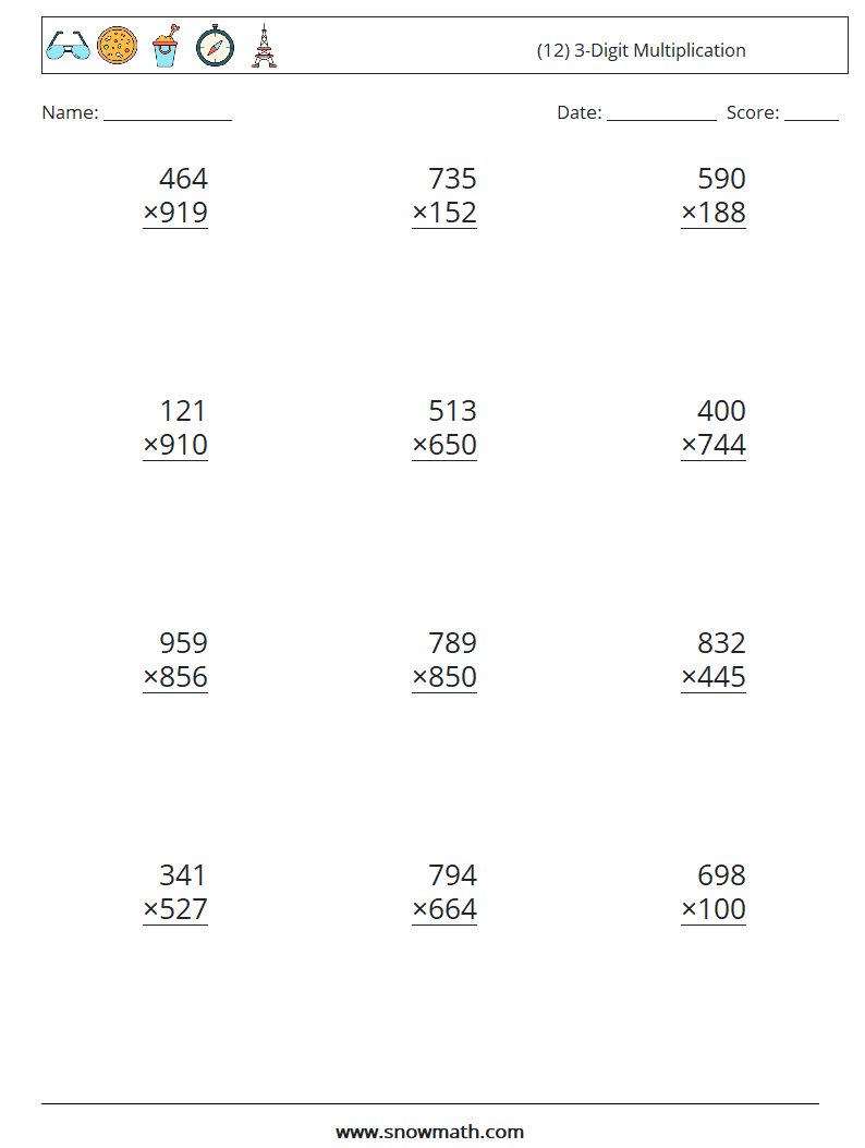 (12) 3-Digit Multiplication Maths Worksheets 14
