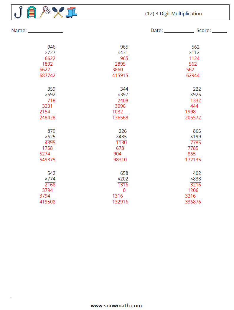 (12) 3-Digit Multiplication Maths Worksheets 15 Question, Answer