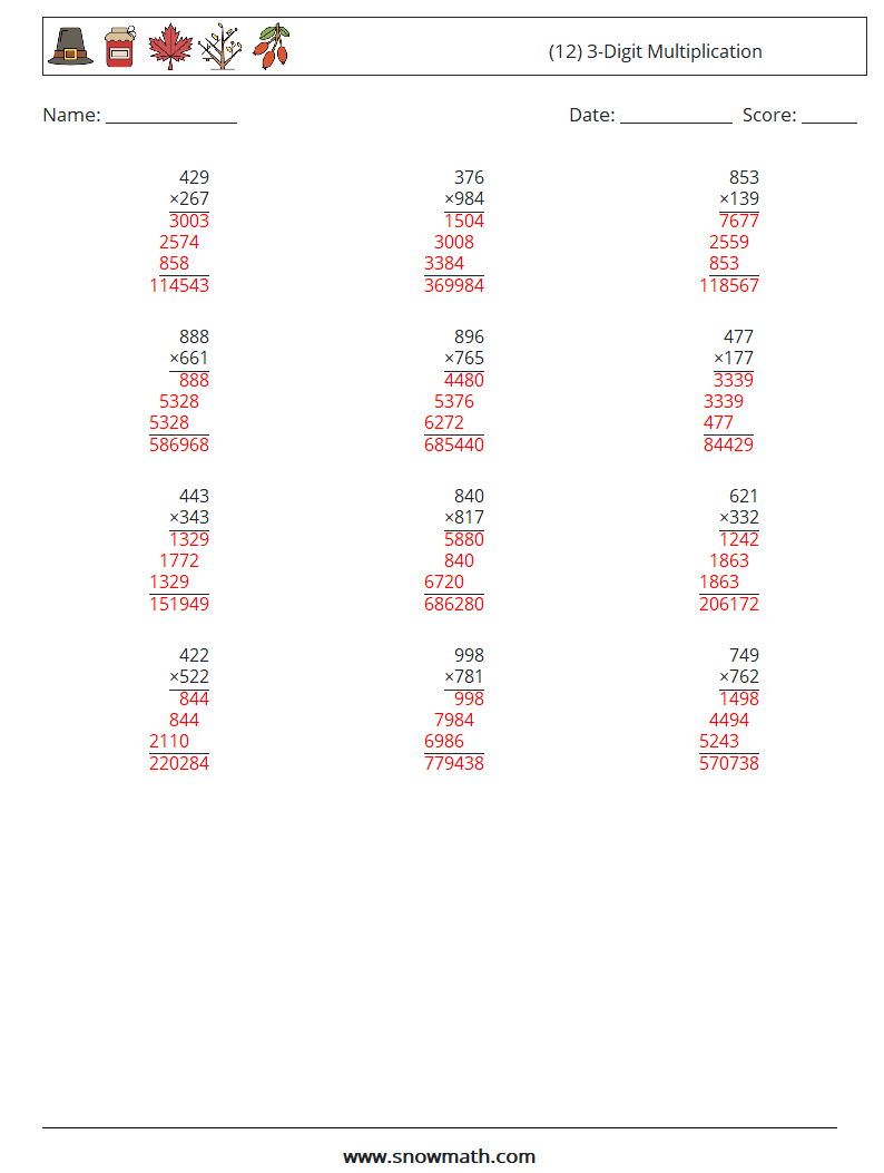 (12) 3-Digit Multiplication Maths Worksheets 17 Question, Answer