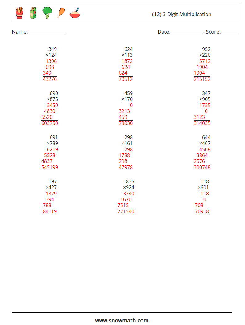 (12) 3-Digit Multiplication Maths Worksheets 18 Question, Answer