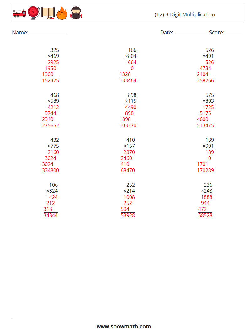 (12) 3-Digit Multiplication Maths Worksheets 2 Question, Answer