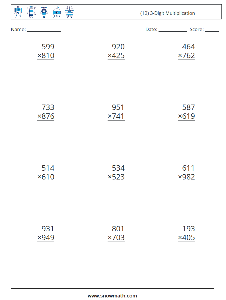 (12) 3-Digit Multiplication Maths Worksheets 3