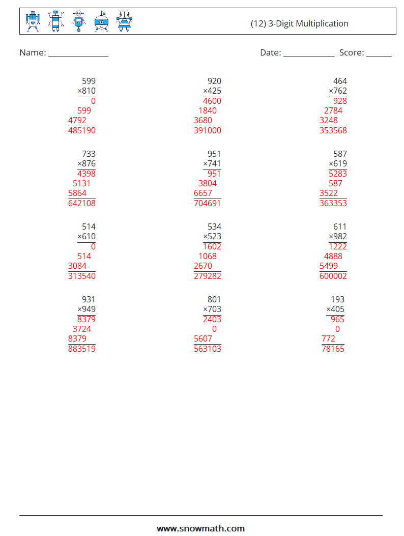 (12) 3-Digit Multiplication Maths Worksheets 3 Question, Answer