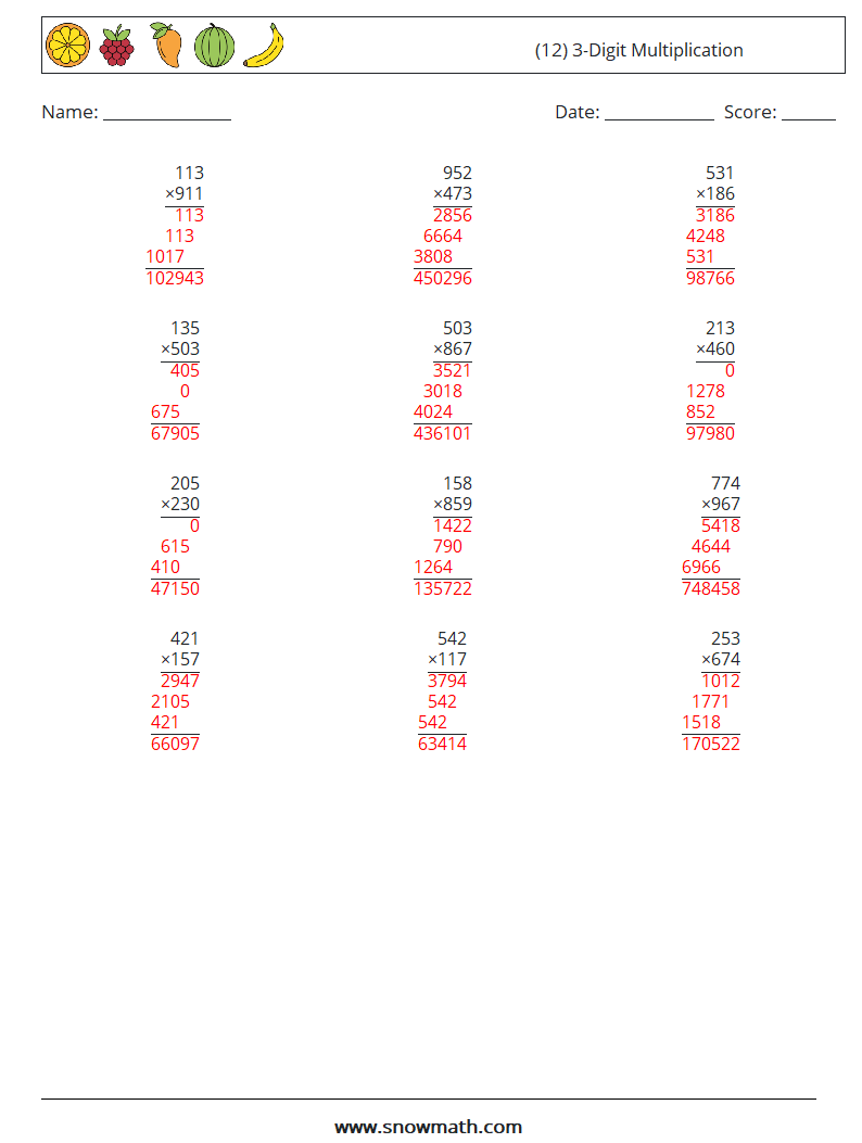 (12) 3-Digit Multiplication Maths Worksheets 4 Question, Answer