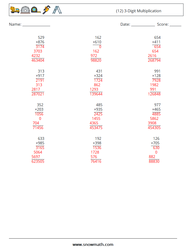 (12) 3-Digit Multiplication Maths Worksheets 5 Question, Answer