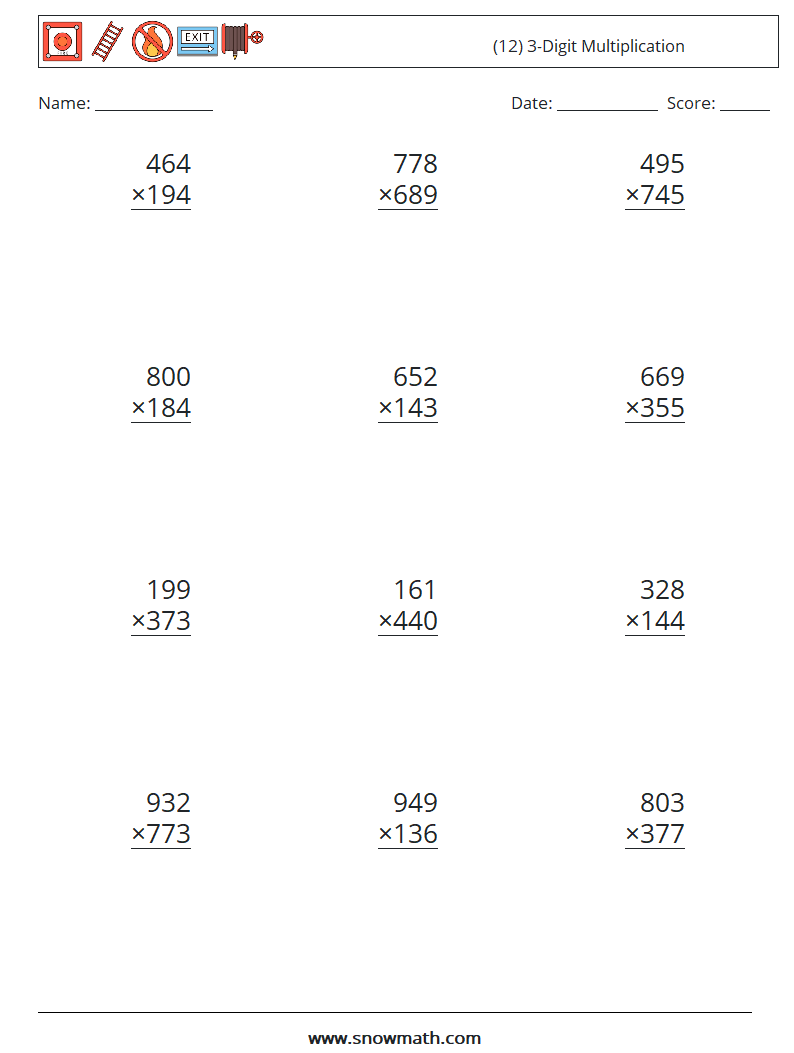 (12) 3-Digit Multiplication Maths Worksheets 6