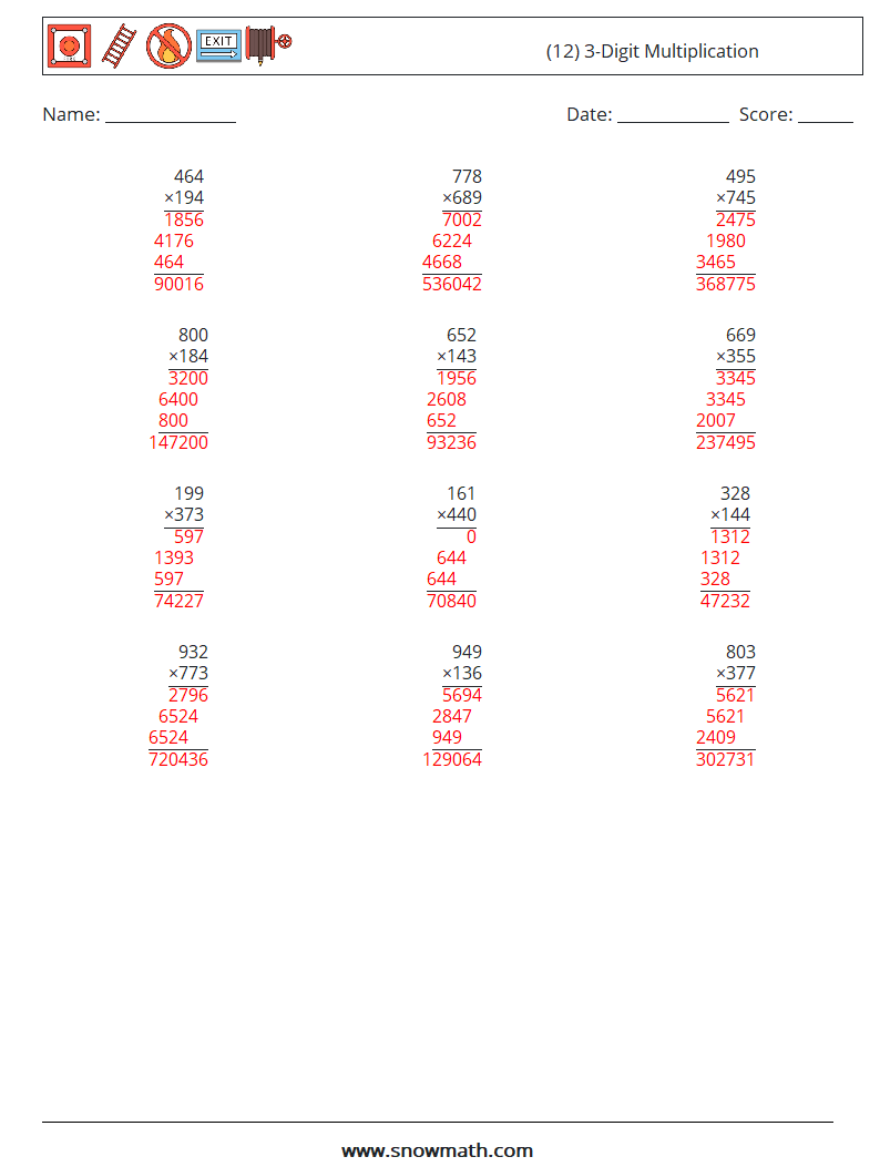 (12) 3-Digit Multiplication Maths Worksheets 6 Question, Answer