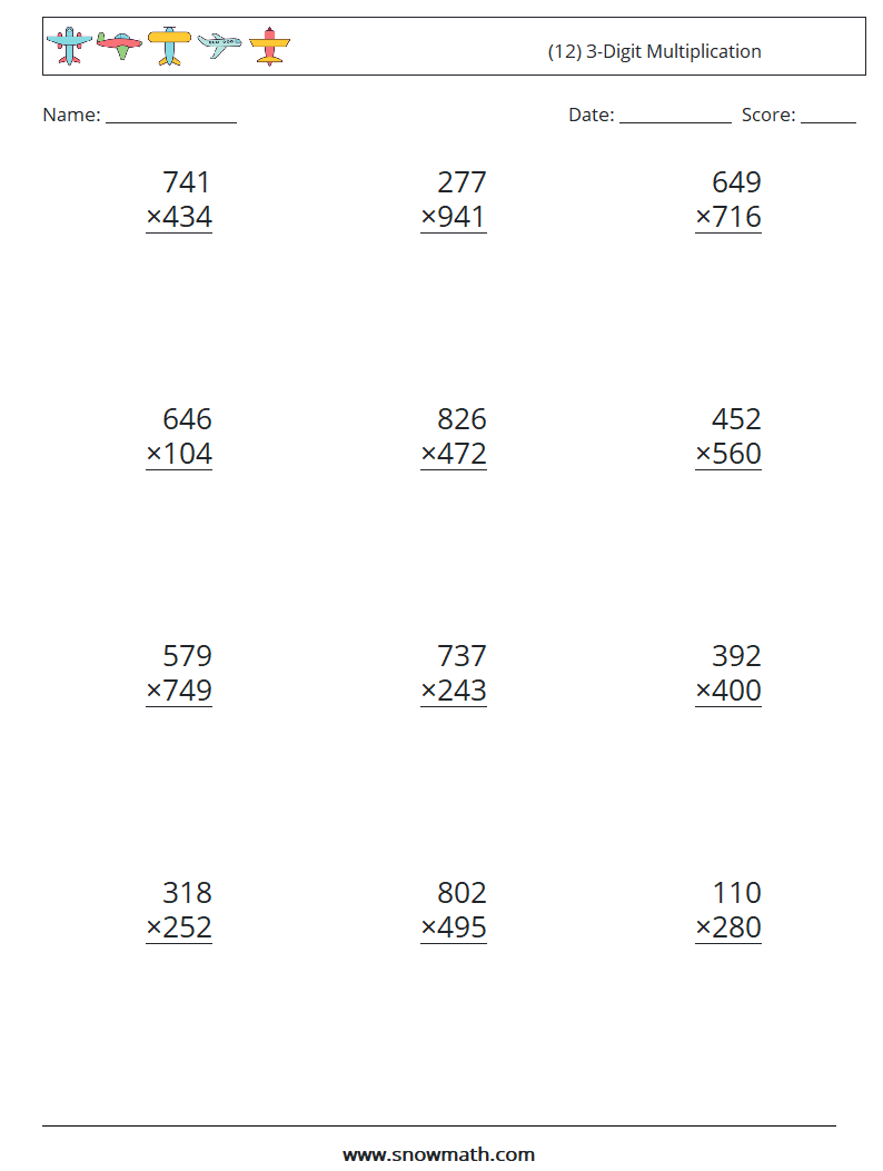 (12) 3-Digit Multiplication Maths Worksheets 7