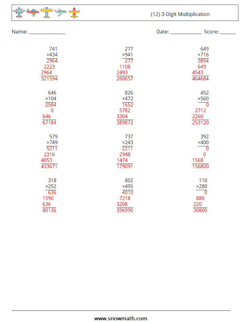 (12) 3-Digit Multiplication Maths Worksheets 7 Question, Answer