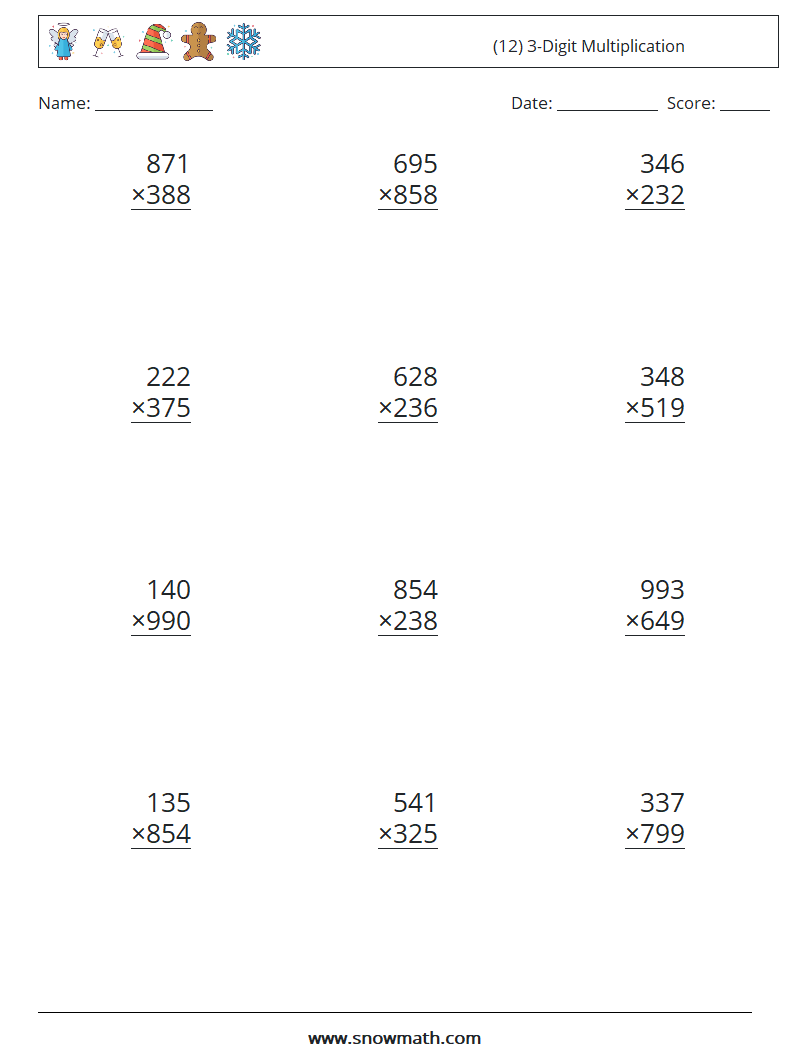 (12) 3-Digit Multiplication Maths Worksheets 8