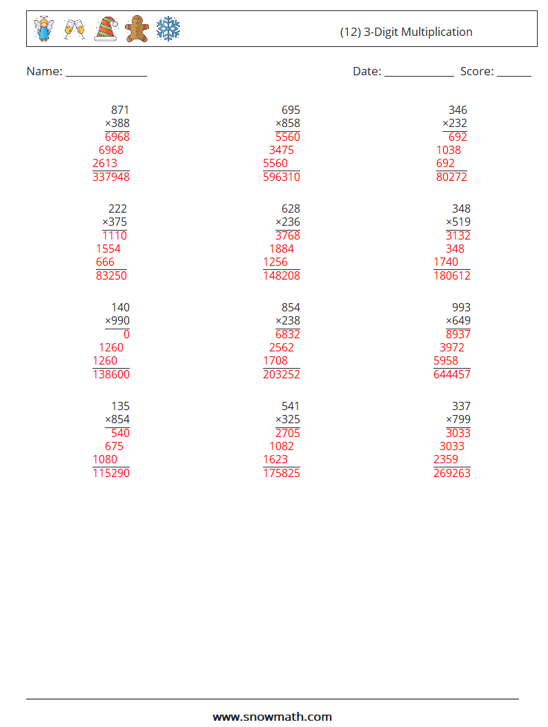 (12) 3-Digit Multiplication Maths Worksheets 8 Question, Answer