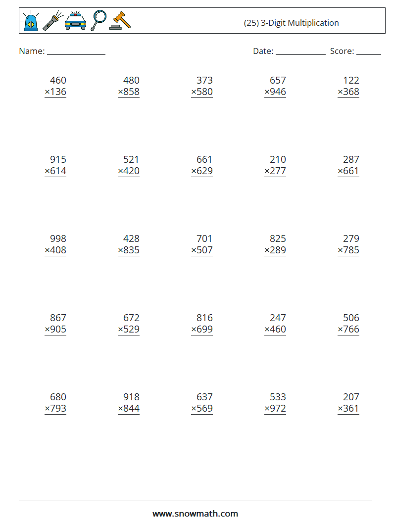 (25) 3-Digit Multiplication Maths Worksheets 4