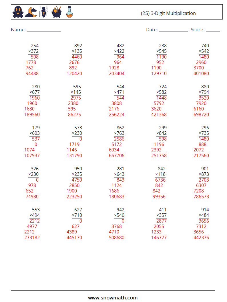 (25) 3-Digit Multiplication Maths Worksheets 9 Question, Answer