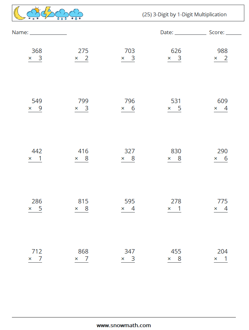 (25) 3-Digit by 1-Digit Multiplication Maths Worksheets 1