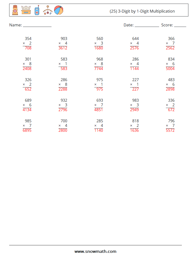 (25) 3-Digit by 1-Digit Multiplication Maths Worksheets 11 Question, Answer