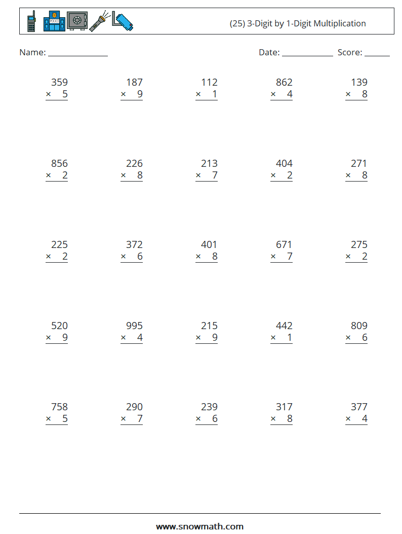 (25) 3-Digit by 1-Digit Multiplication Maths Worksheets 12