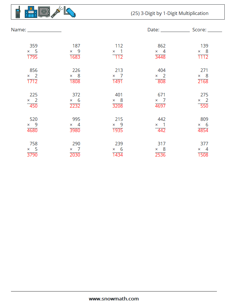 (25) 3-Digit by 1-Digit Multiplication Maths Worksheets 12 Question, Answer