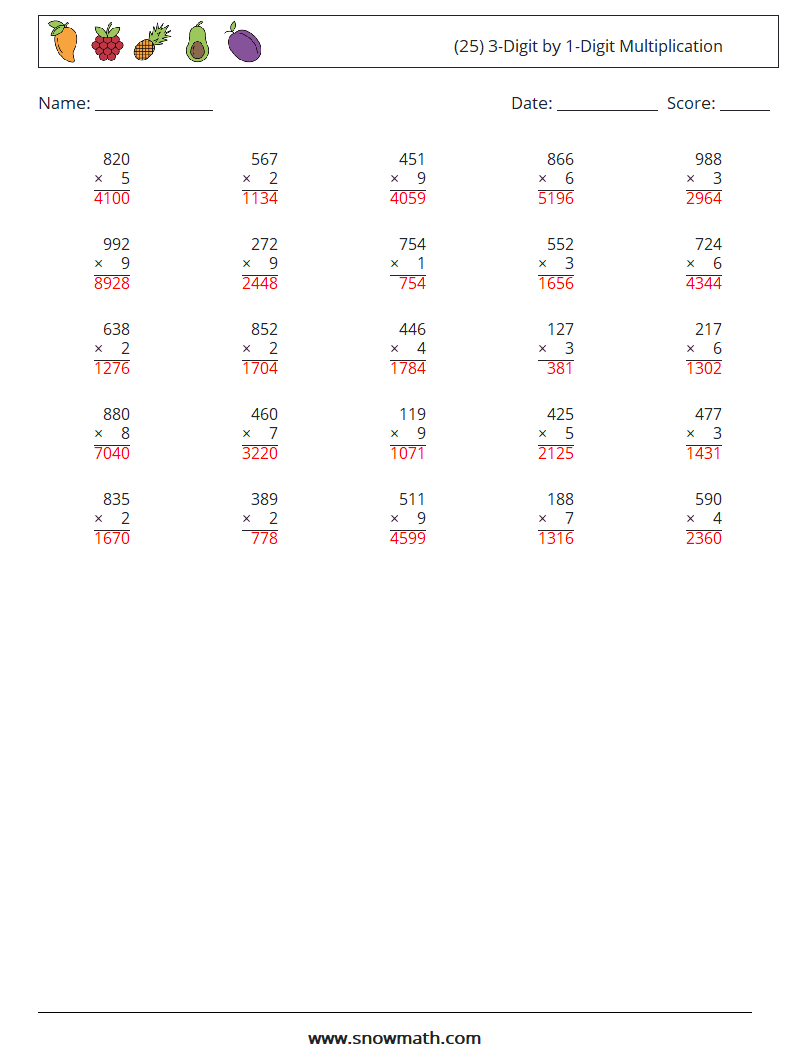 (25) 3-Digit by 1-Digit Multiplication Maths Worksheets 13 Question, Answer