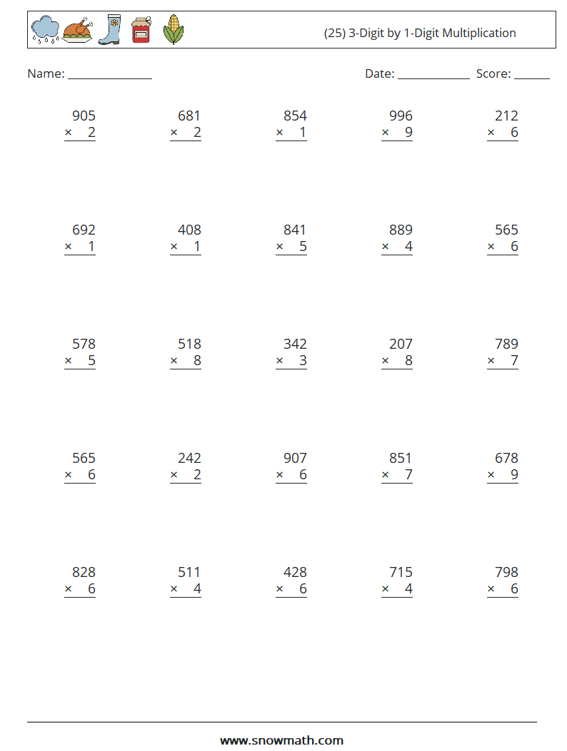 (25) 3-Digit by 1-Digit Multiplication Maths Worksheets 16