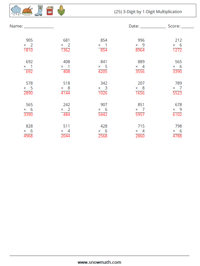 (25) 3-Digit by 1-Digit Multiplication Maths Worksheets 16 Question, Answer