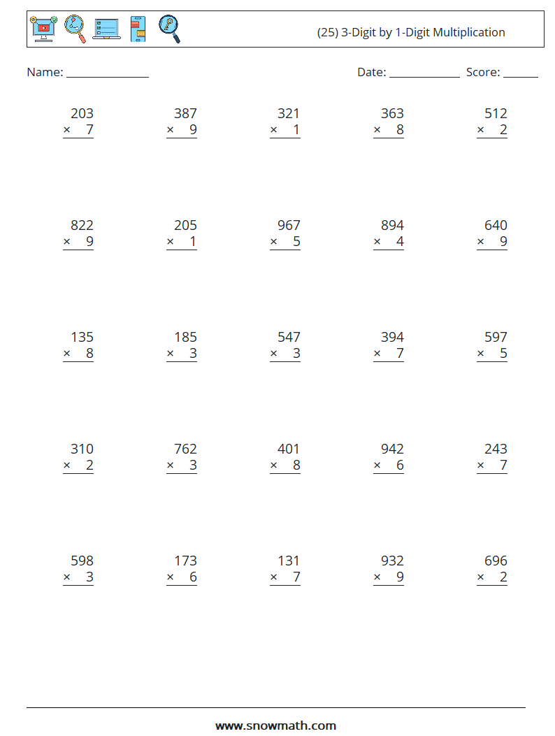 (25) 3-Digit by 1-Digit Multiplication Maths Worksheets 17