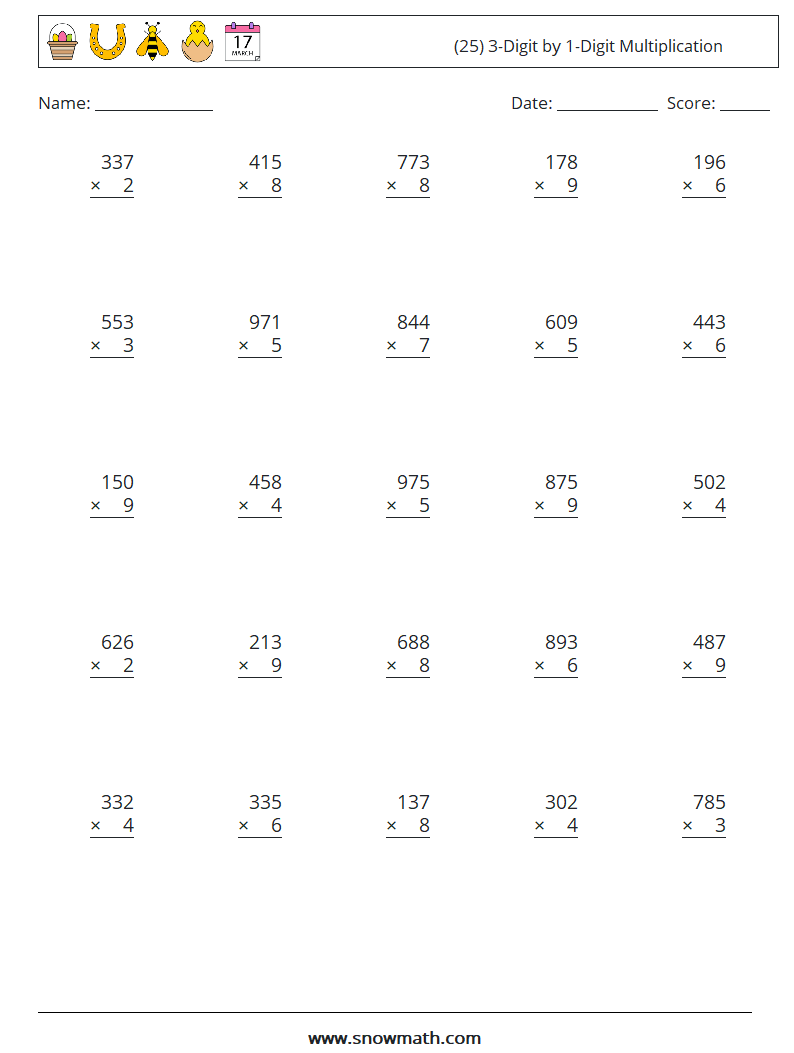 (25) 3-Digit by 1-Digit Multiplication Maths Worksheets 18