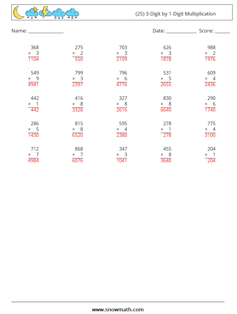 (25) 3-Digit by 1-Digit Multiplication Maths Worksheets 1 Question, Answer