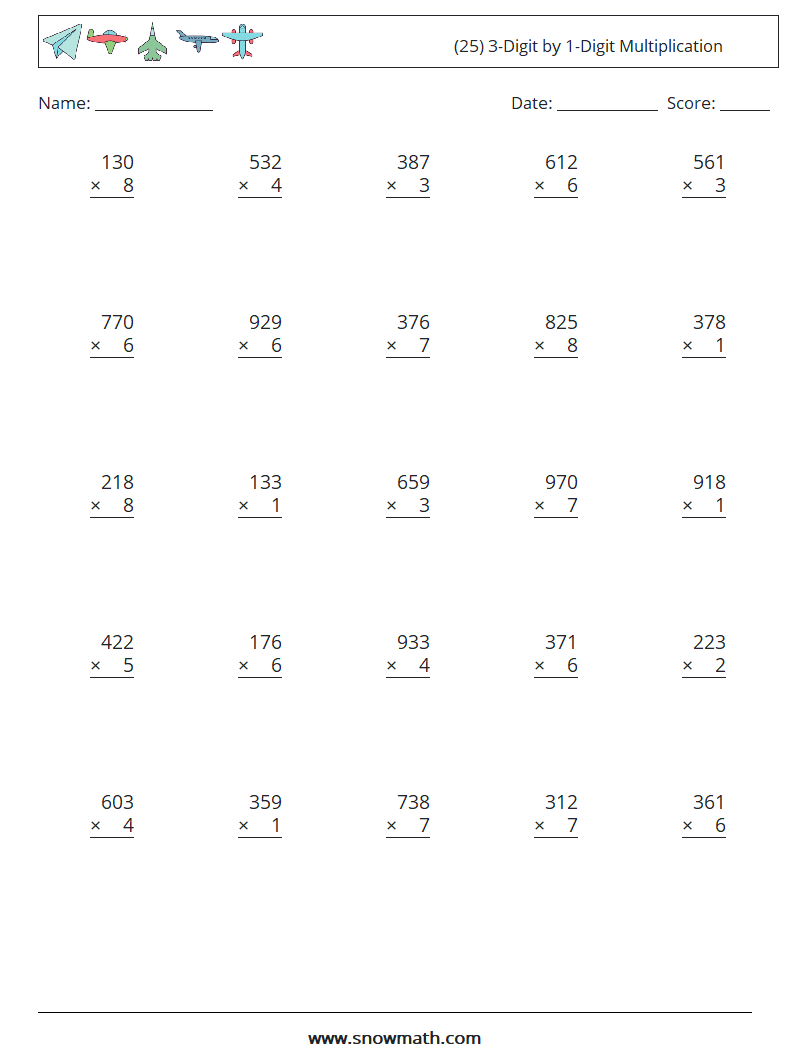 (25) 3-Digit by 1-Digit Multiplication Maths Worksheets 2
