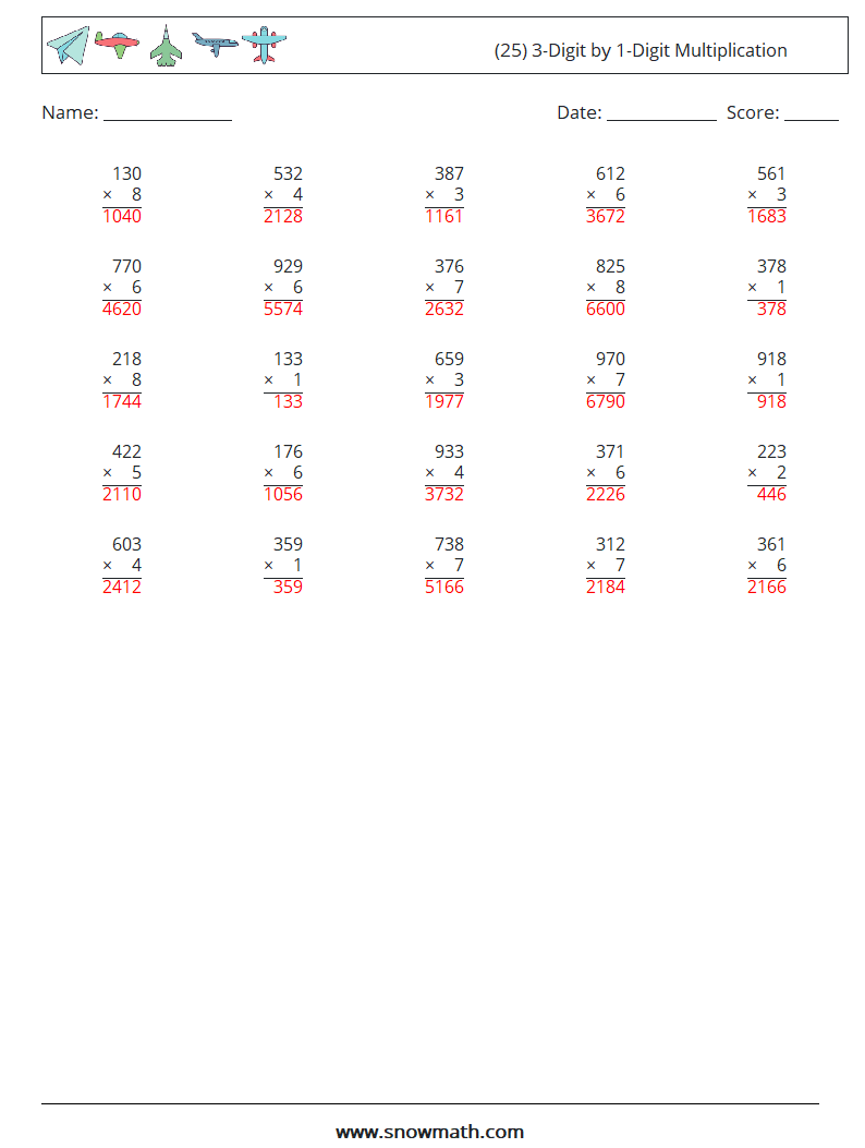 (25) 3-Digit by 1-Digit Multiplication Maths Worksheets 2 Question, Answer