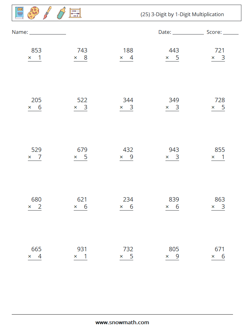 (25) 3-Digit by 1-Digit Multiplication Maths Worksheets 3