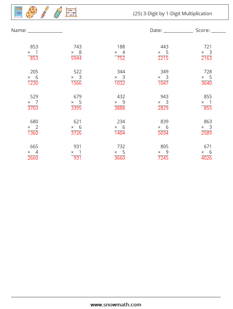 (25) 3-Digit by 1-Digit Multiplication Maths Worksheets 3 Question, Answer