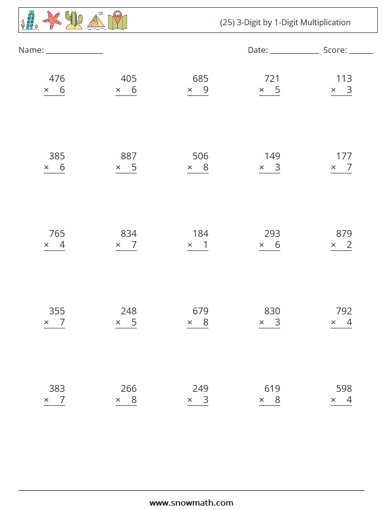 (25) 3-Digit by 1-Digit Multiplication Maths Worksheets 5