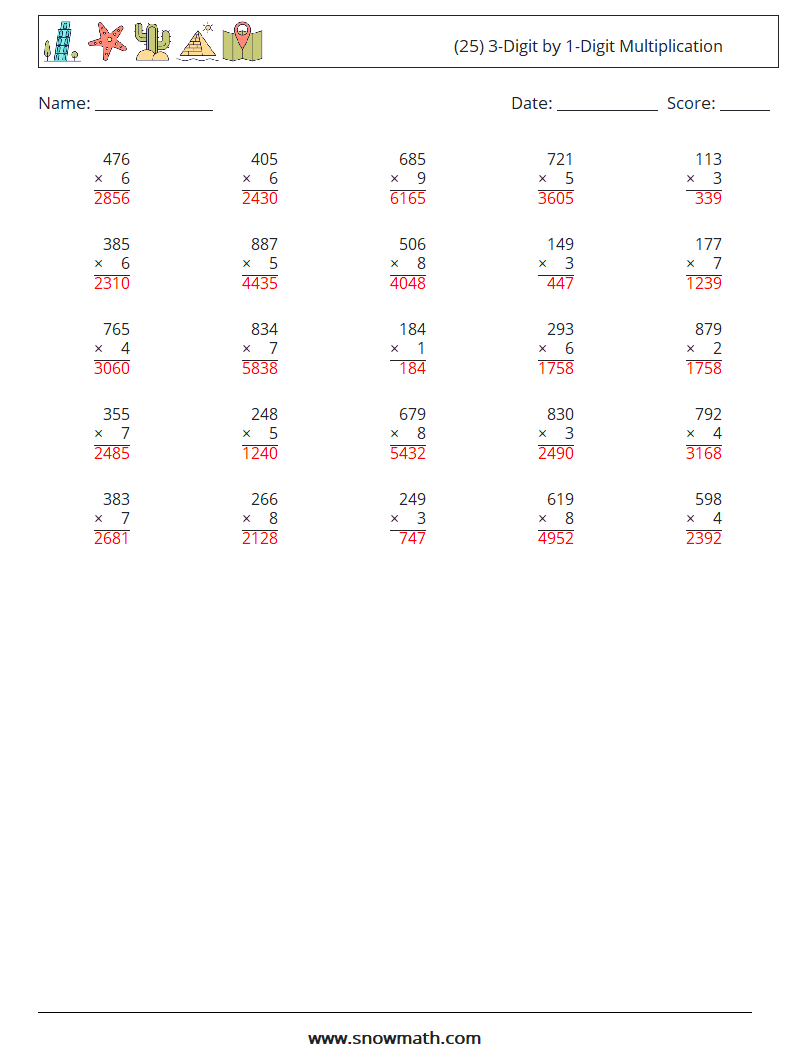 (25) 3-Digit by 1-Digit Multiplication Maths Worksheets 5 Question, Answer