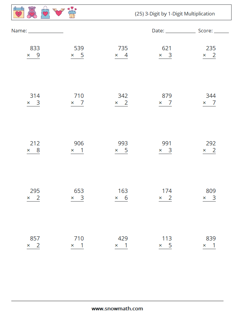 (25) 3-Digit by 1-Digit Multiplication Maths Worksheets 6