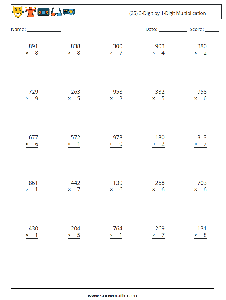(25) 3-Digit by 1-Digit Multiplication Maths Worksheets 7