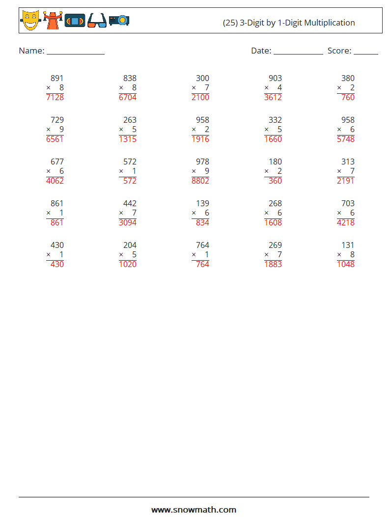 (25) 3-Digit by 1-Digit Multiplication Maths Worksheets 7 Question, Answer