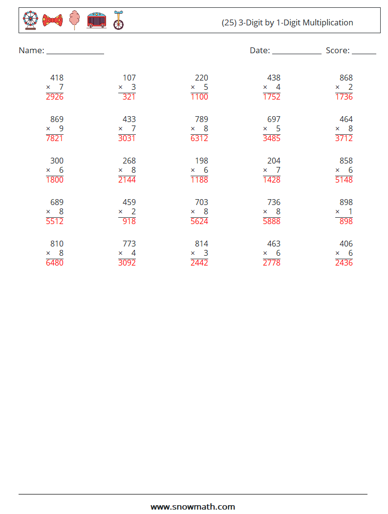 (25) 3-Digit by 1-Digit Multiplication Maths Worksheets 8 Question, Answer