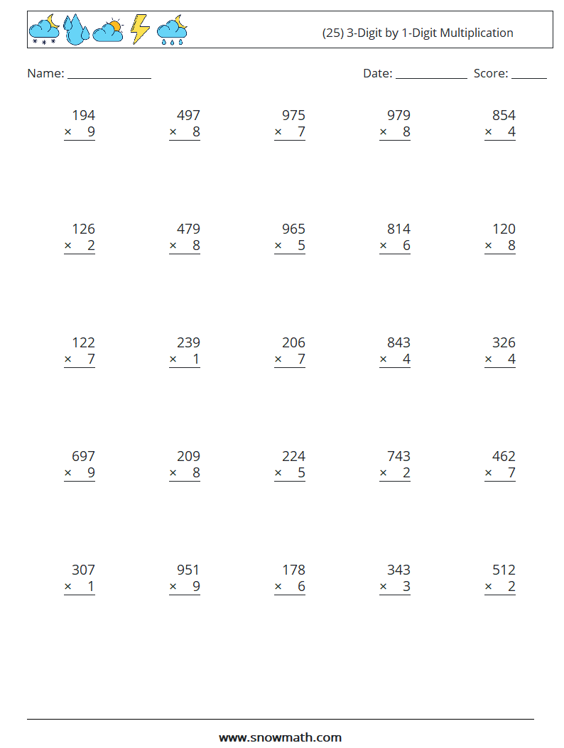 (25) 3-Digit by 1-Digit Multiplication Maths Worksheets 9