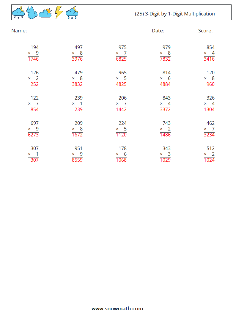 (25) 3-Digit by 1-Digit Multiplication Maths Worksheets 9 Question, Answer