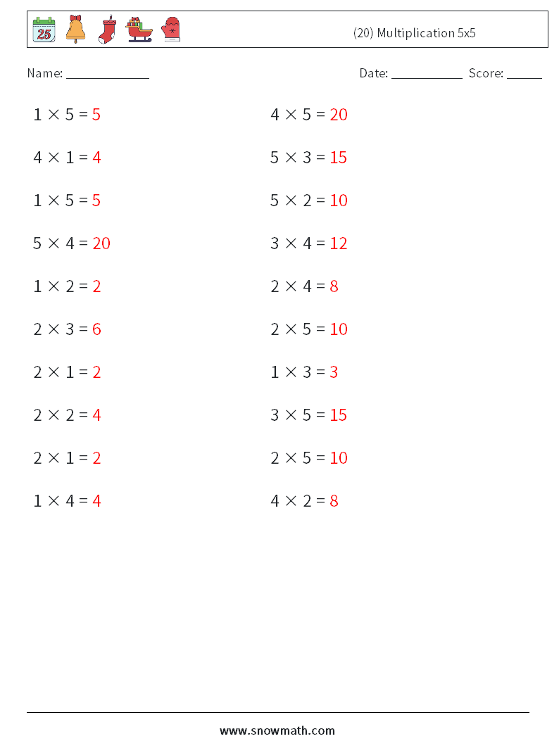 (20) Multiplication 5x5 Maths Worksheets 1 Question, Answer