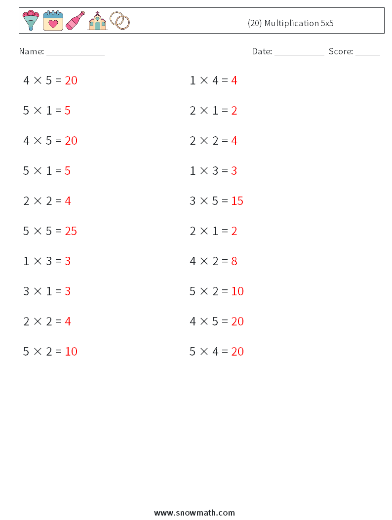 (20) Multiplication 5x5 Maths Worksheets 3 Question, Answer