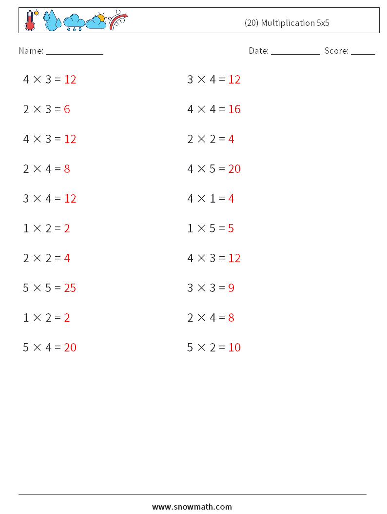 (20) Multiplication 5x5 Maths Worksheets 4 Question, Answer