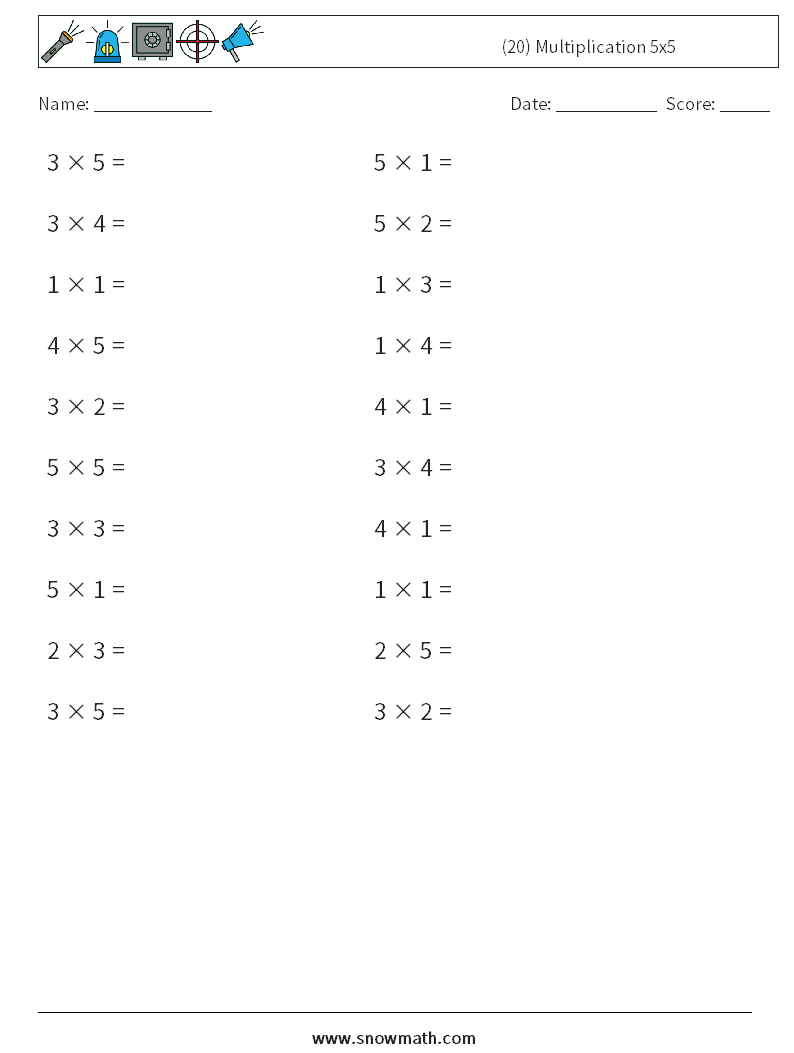 (20) Multiplication 5x5 Maths Worksheets 5