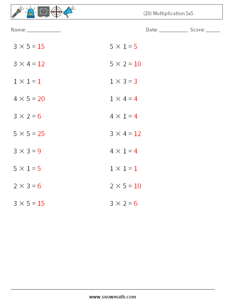 (20) Multiplication 5x5 Maths Worksheets 5 Question, Answer