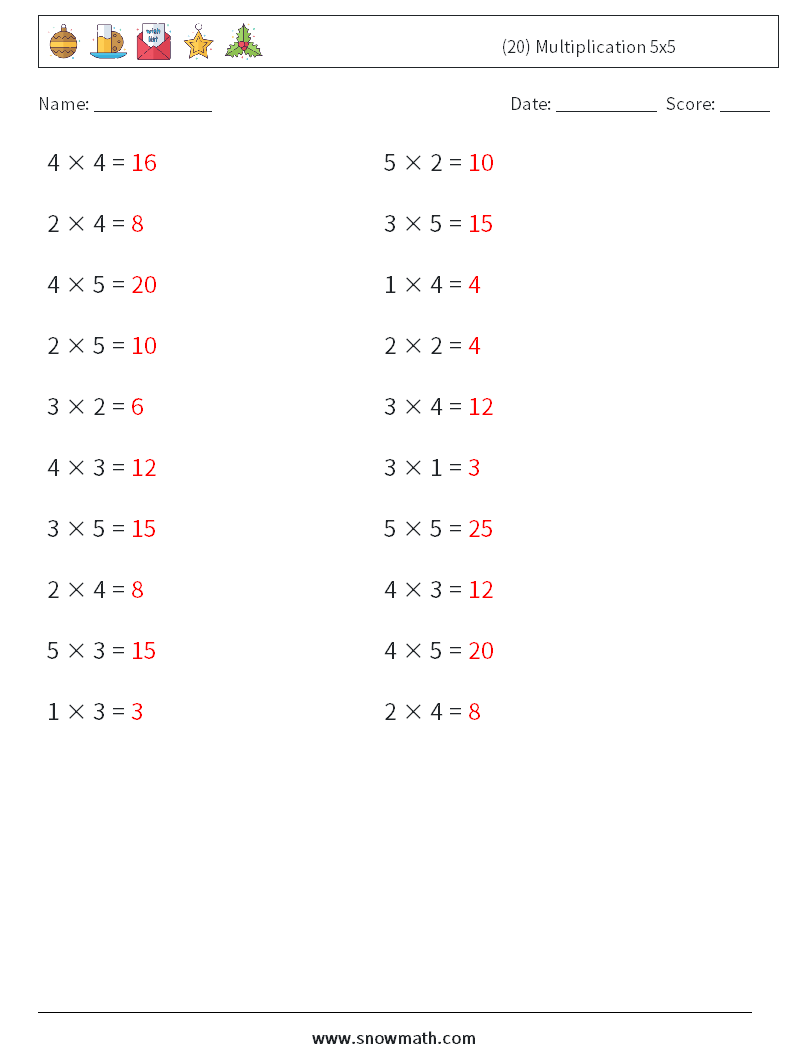 (20) Multiplication 5x5 Maths Worksheets 6 Question, Answer