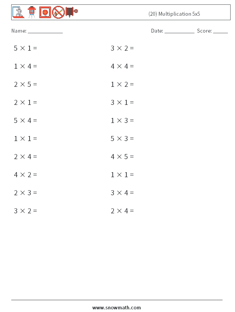 (20) Multiplication 5x5 Maths Worksheets 7
