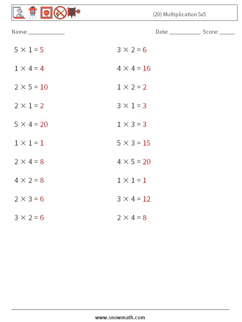 (20) Multiplication 5x5 Maths Worksheets 7 Question, Answer