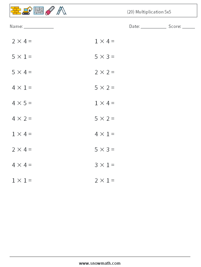 (20) Multiplication 5x5 Maths Worksheets 8