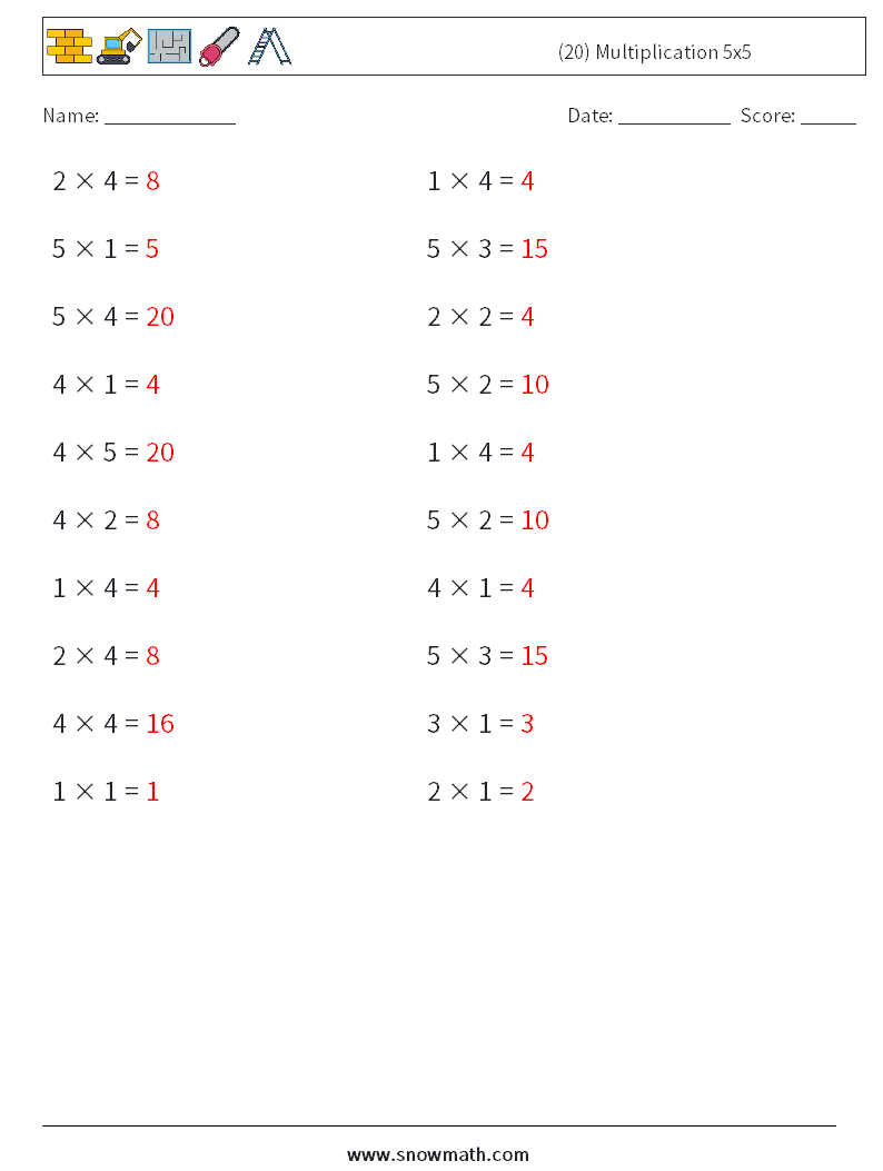 (20) Multiplication 5x5 Maths Worksheets 8 Question, Answer